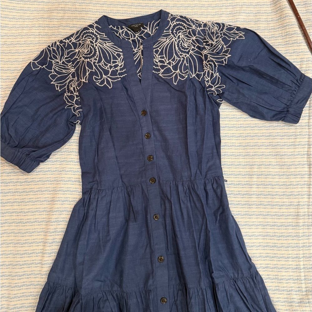 Ann Taylor Petite Navy Blue Dress with Floral Embroidery